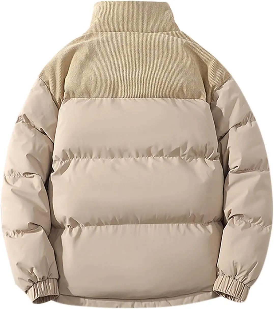Mens Winter Bomber Jacket Warm Plus Size Puffer Jacket Corduroy Patchwork Coat Windproof Zipper Outwear Down Jacket