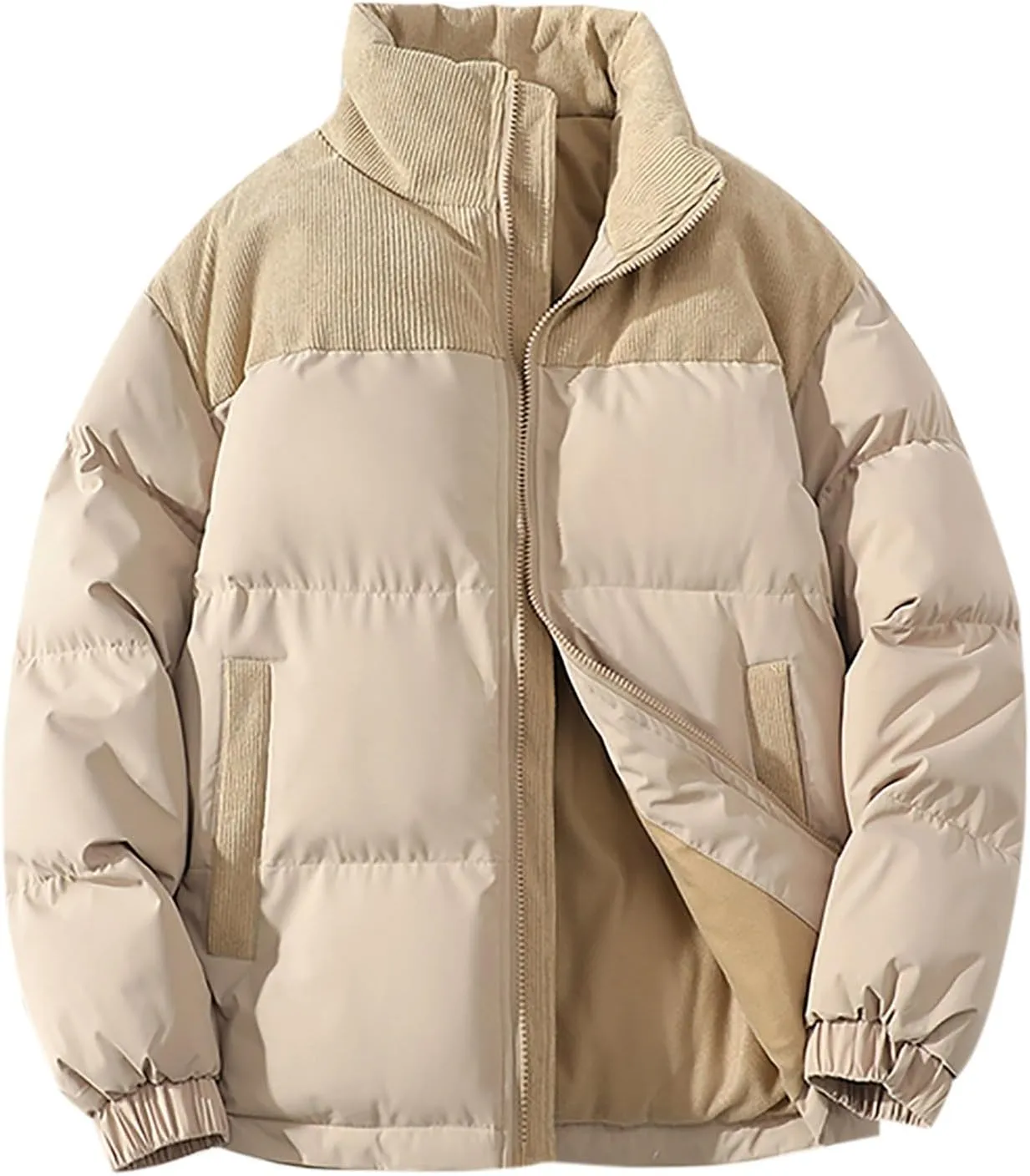 Mens Winter Bomber Jacket Warm Plus Size Puffer Jacket Corduroy Patchwork Coat Windproof Zipper Outwear Down Jacket