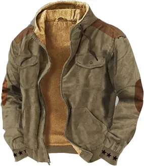 Mens Zip Up Western Tactical Jackets Vintage Distressed Fleece Lined Trucker Jackets Suede Winter Warm Chore Coats