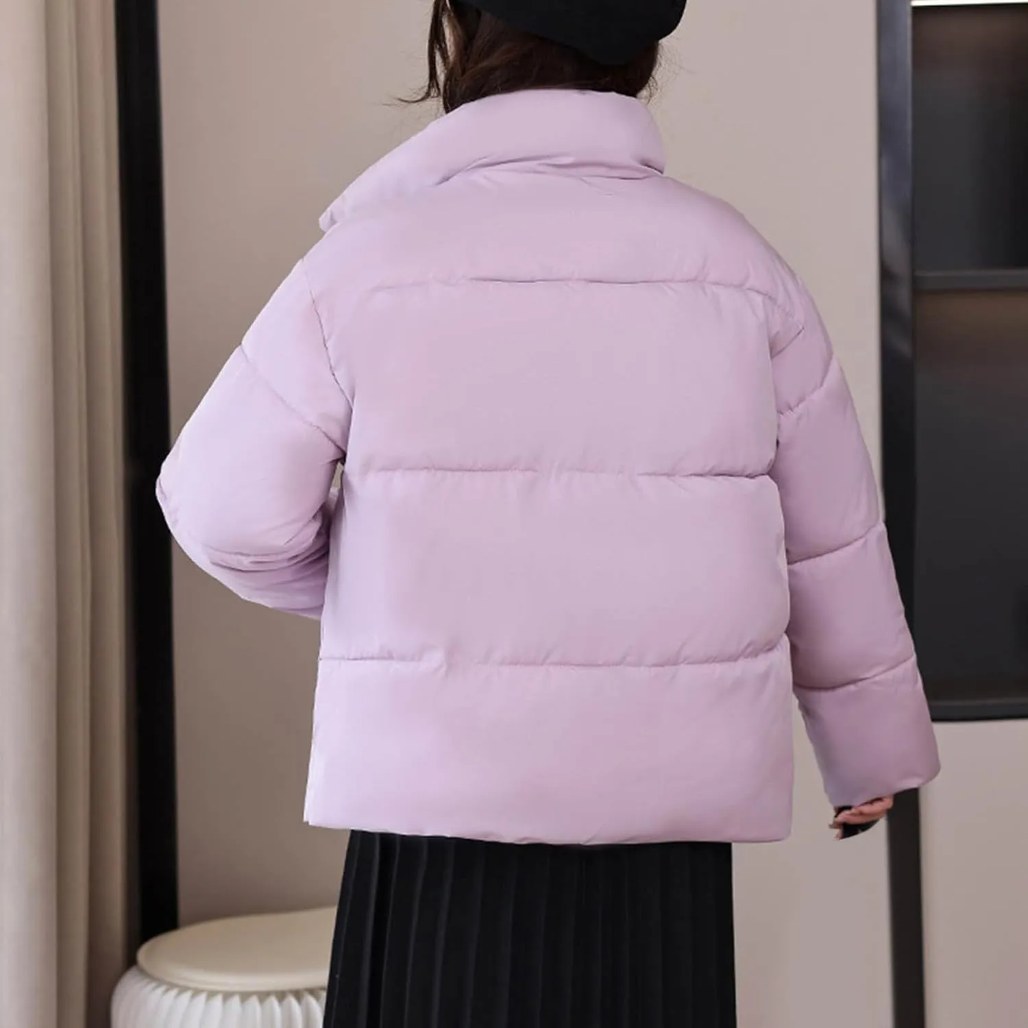 NATHGAM Women Short Puffer Down Jackets Cute Warm Winter Stand Collar Bread Jacket Fashion Casual Loose Cotton Padded Jacket