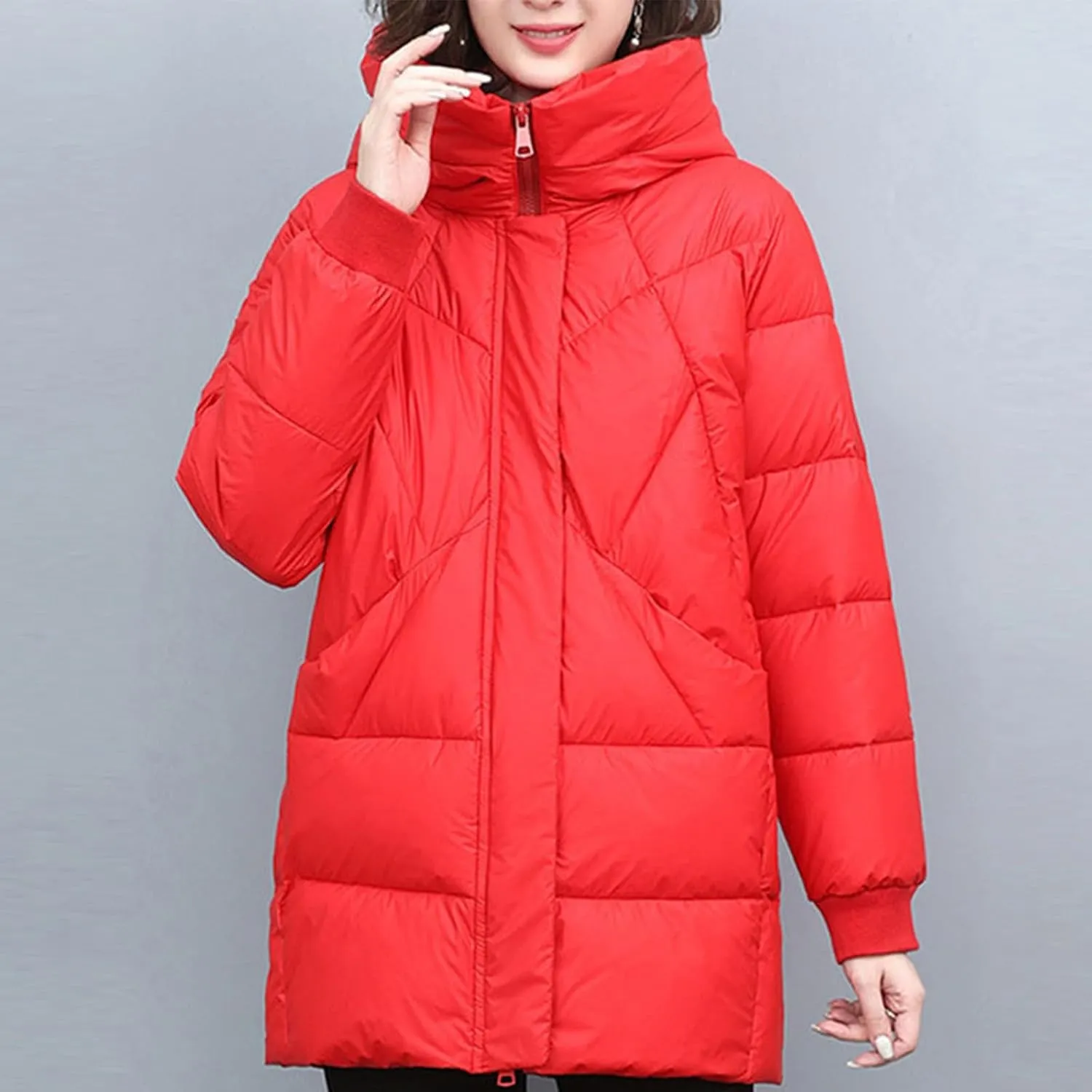 NATHGAM Women's Baggy Long Hooded Down Jacket Lightweight Oversized Winter Mockneck Puffer Coat Waterproof Loose Padded Coat