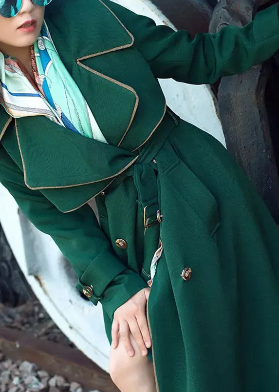 Natural Blackish Green Notched Patchwork Long Sashes Trench Coats Long Sleeve LY8345