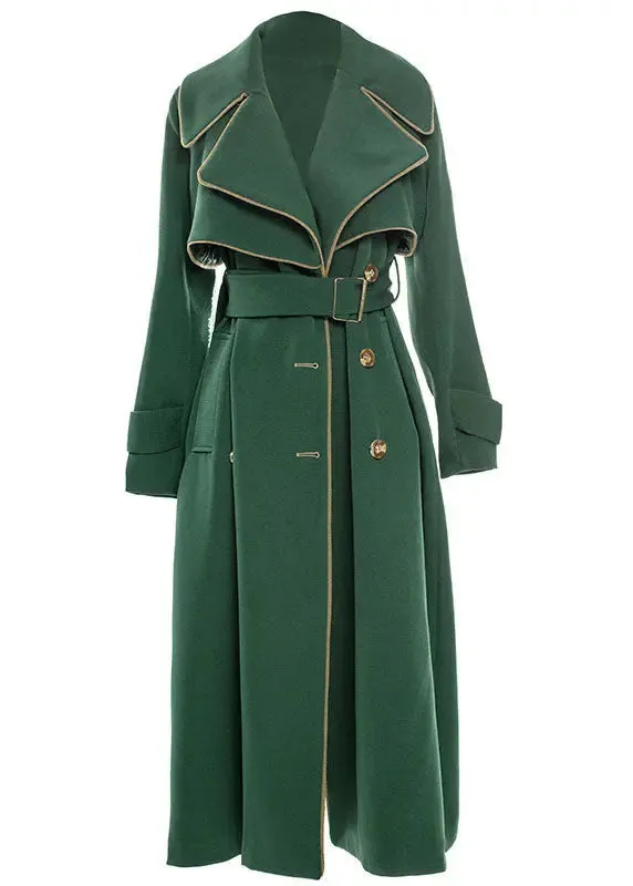 Natural Blackish Green Notched Patchwork Long Sashes Trench Coats Long Sleeve LY8345