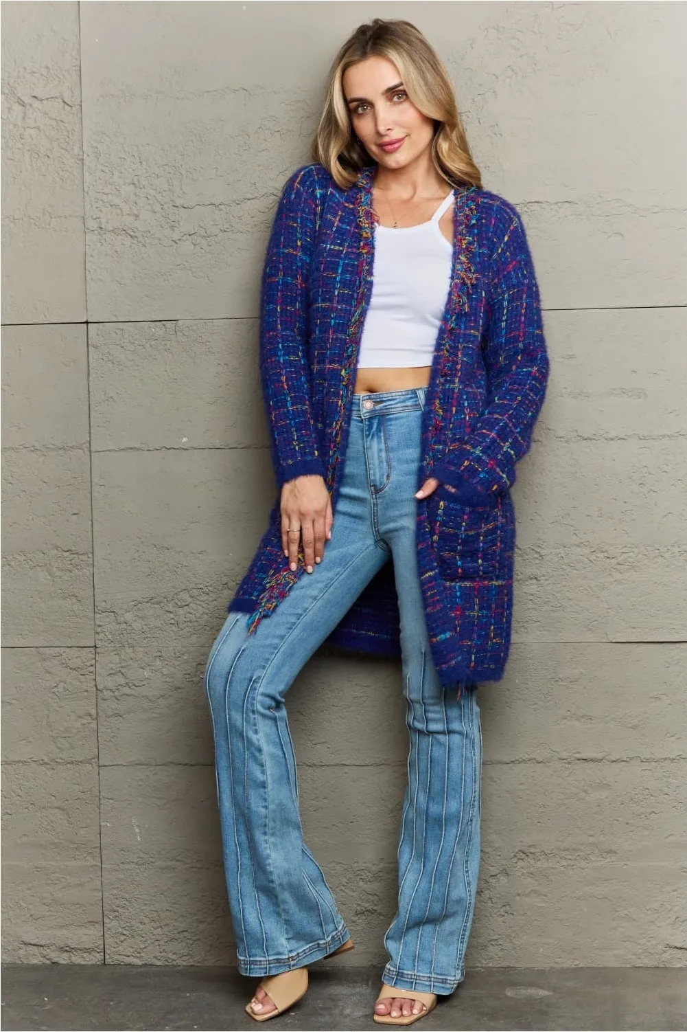NicholesGifts Women Plaid Fringe Trim Open Front Longline Cardigan