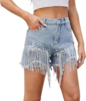Perbai Womens Pearl Beaded Y2K Denim Shorts Summer High Waisted Ripped Tassels Jean Shorts