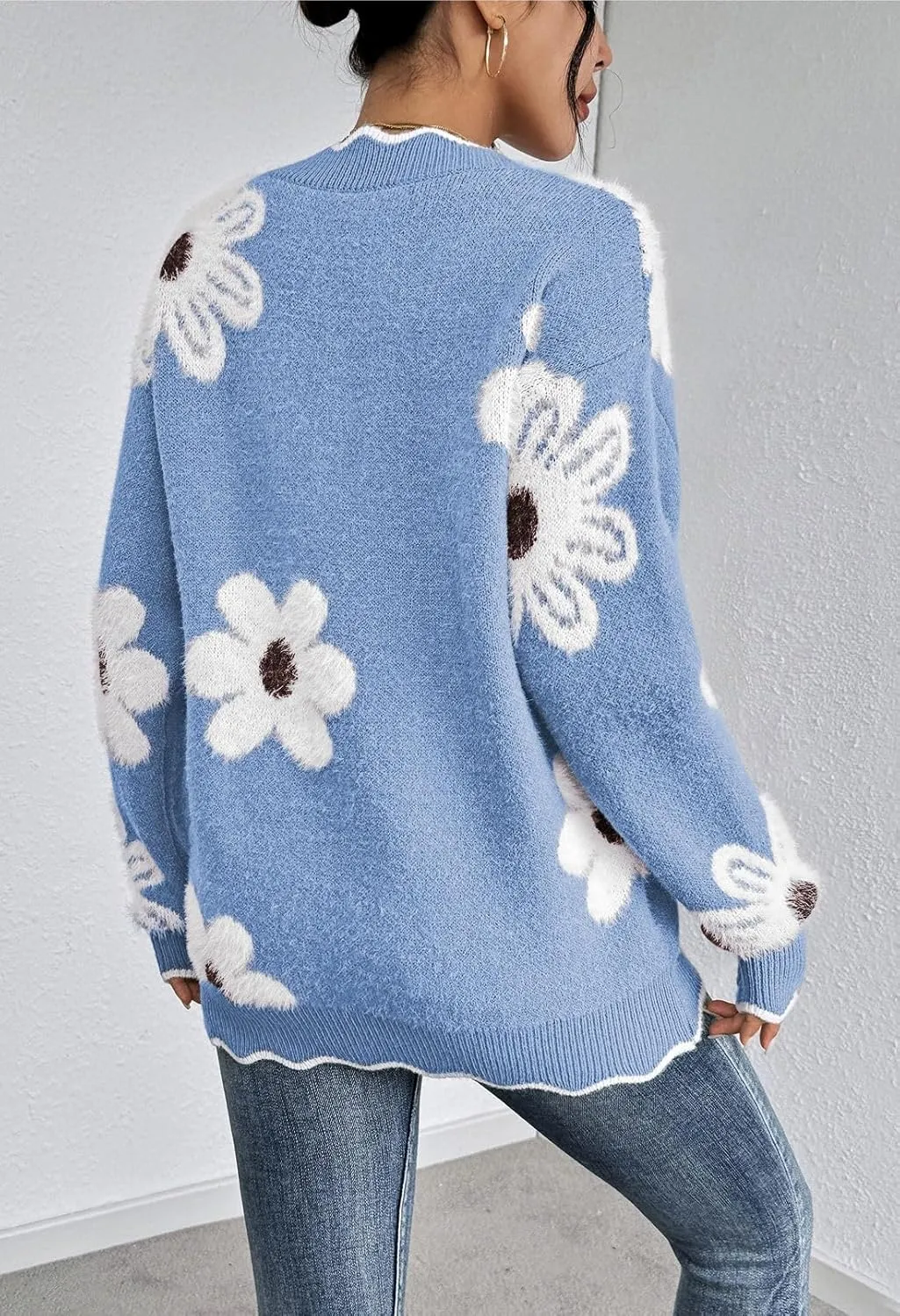 Pink Queen Women's Oversized V Neck Fuzzy Sweaters 2024 Casual Loose Long Sleeve Chunky Knit Pullover Jumper Tops