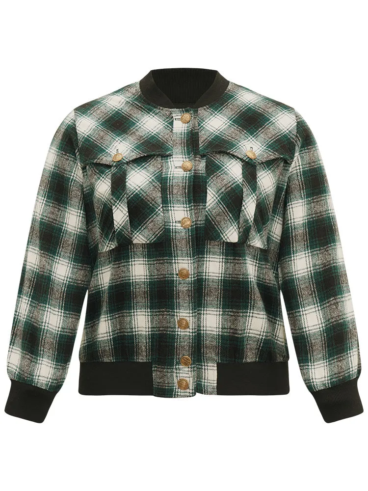 Plaid Pocket Button Up Contrast Patchwork Jacket