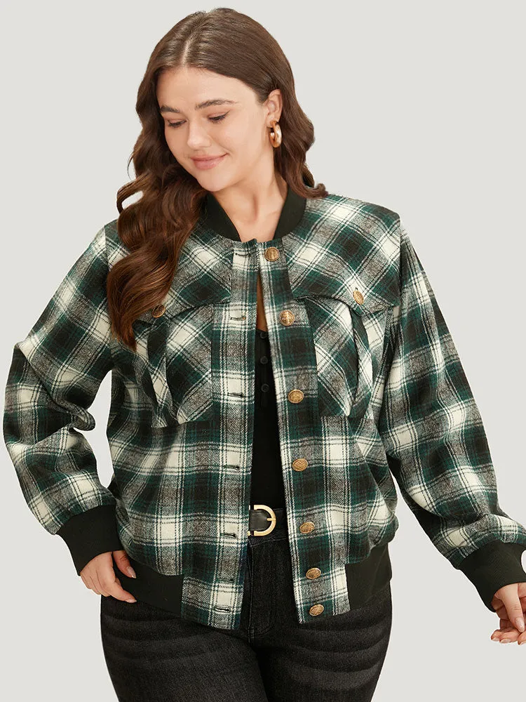 Plaid Pocket Button Up Contrast Patchwork Jacket