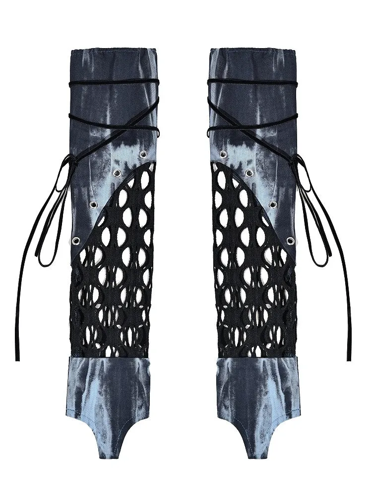 Punk Rock Blue Mesh Patchwork Tie Dye Sleeves