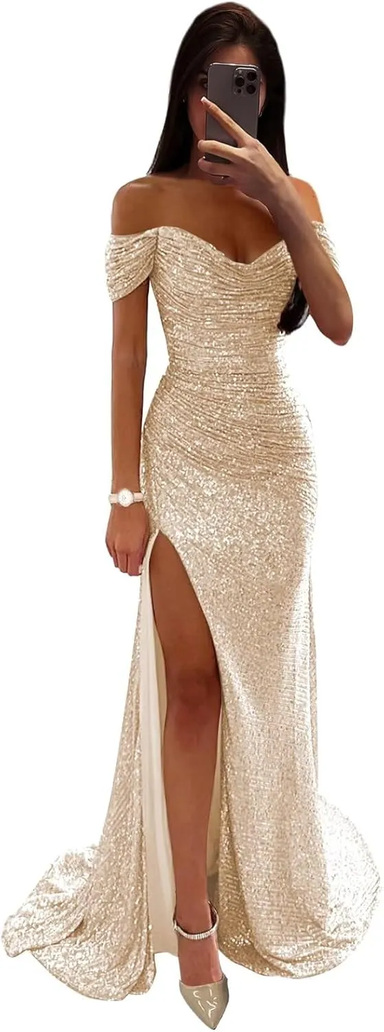 Sequin Prom Dresses for Women Off Shoulder V-Neck Long Ball Gown with Slit Formal Evening Party