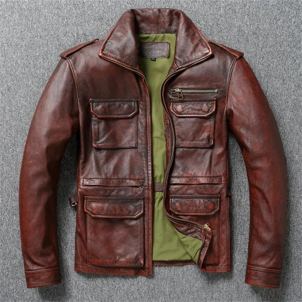 Vintage Distressed Heavyweight Hunting Jackets Cowhide Leather Retro Motorcycle Jacket For Men