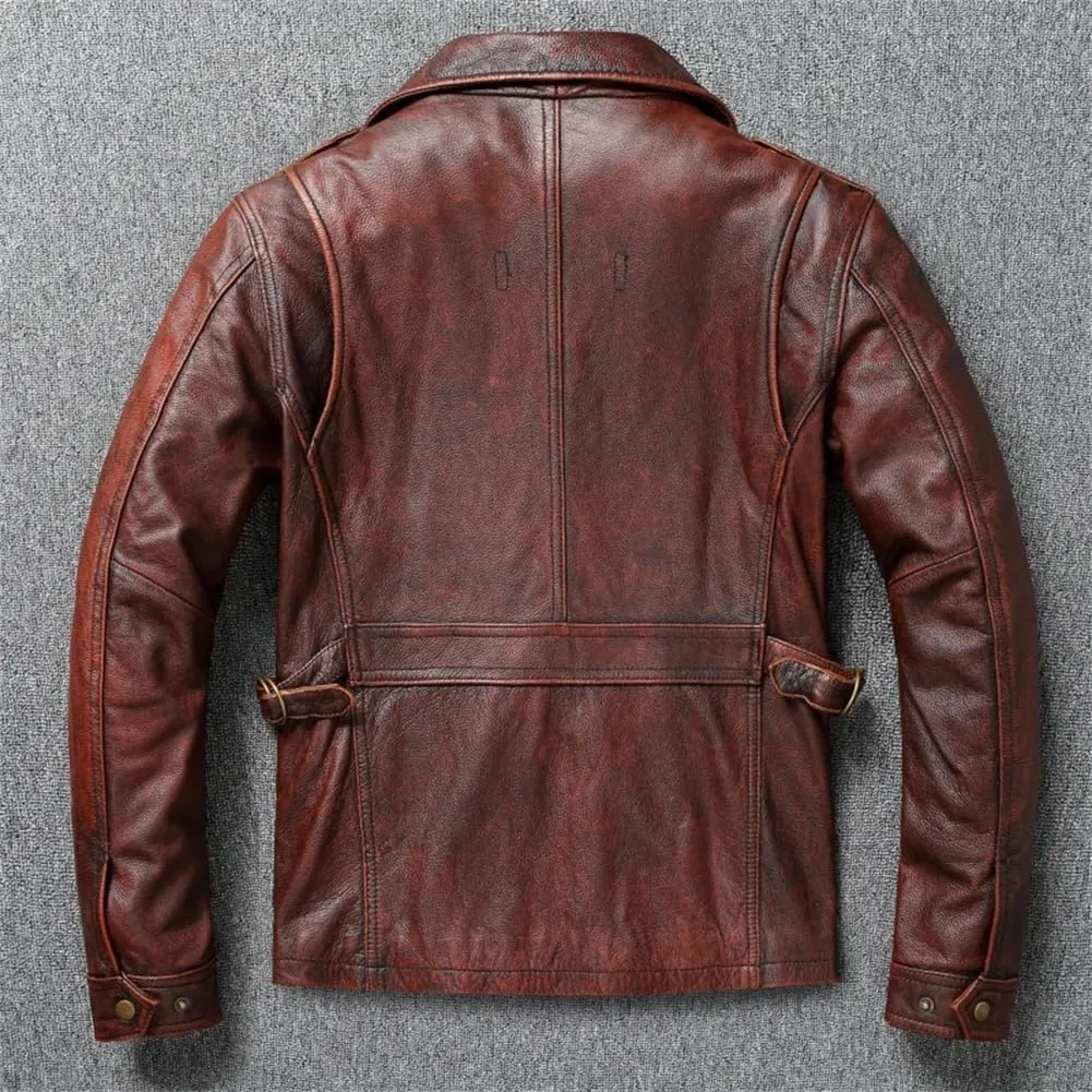 Vintage Distressed Heavyweight Hunting Jackets Cowhide Leather Retro Motorcycle Jacket For Men