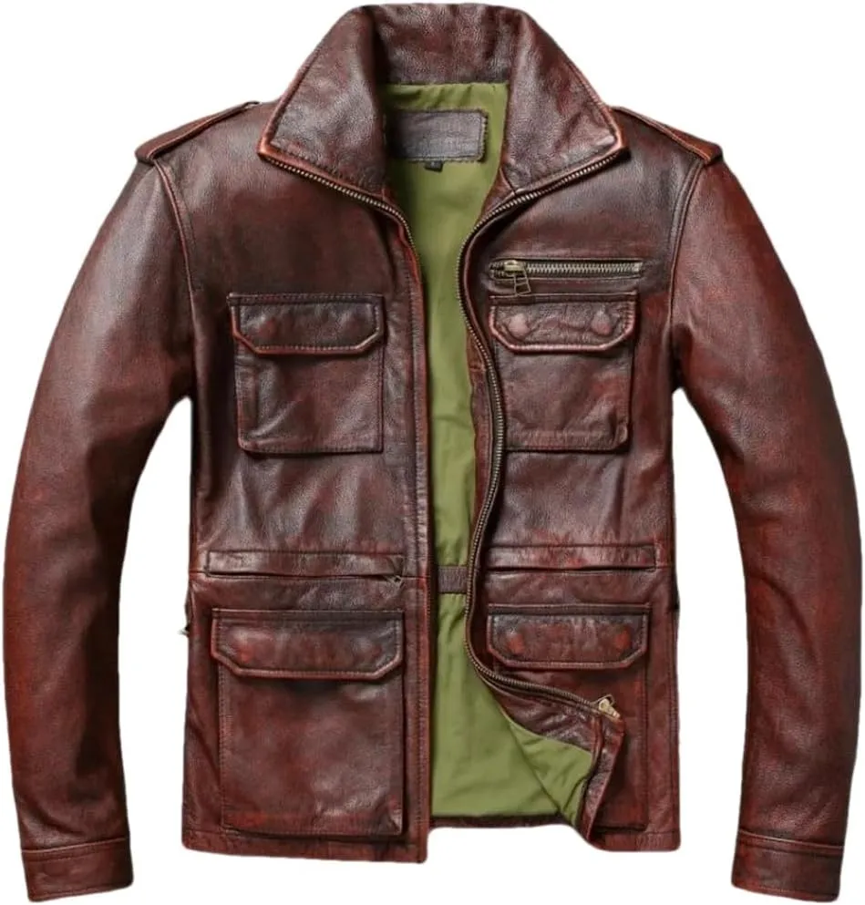 Vintage Distressed Heavyweight Hunting Jackets Cowhide Leather Retro Motorcycle Jacket For Men