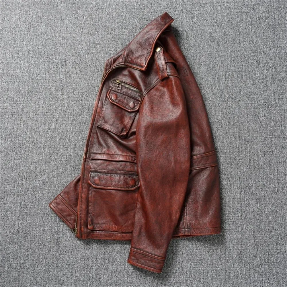 Vintage Distressed Heavyweight Hunting Jackets Cowhide Leather Retro Motorcycle Jacket For Men