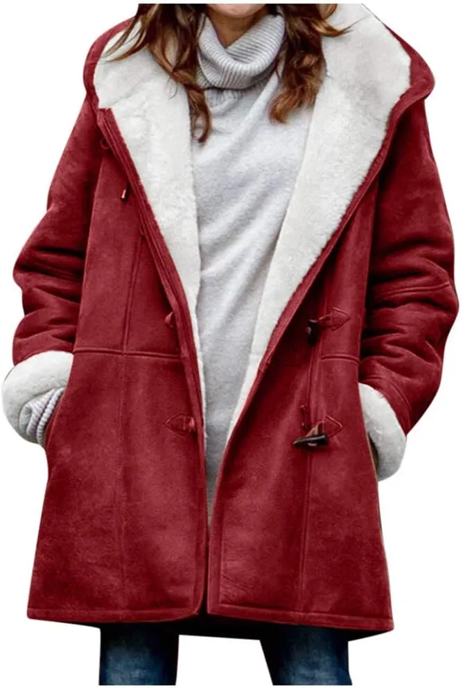 Winter Jackets for Women Warm Sherpa Fleece Lined Distressed Jackets Hooded Parka Faux Suede Pea Coat Outerwear