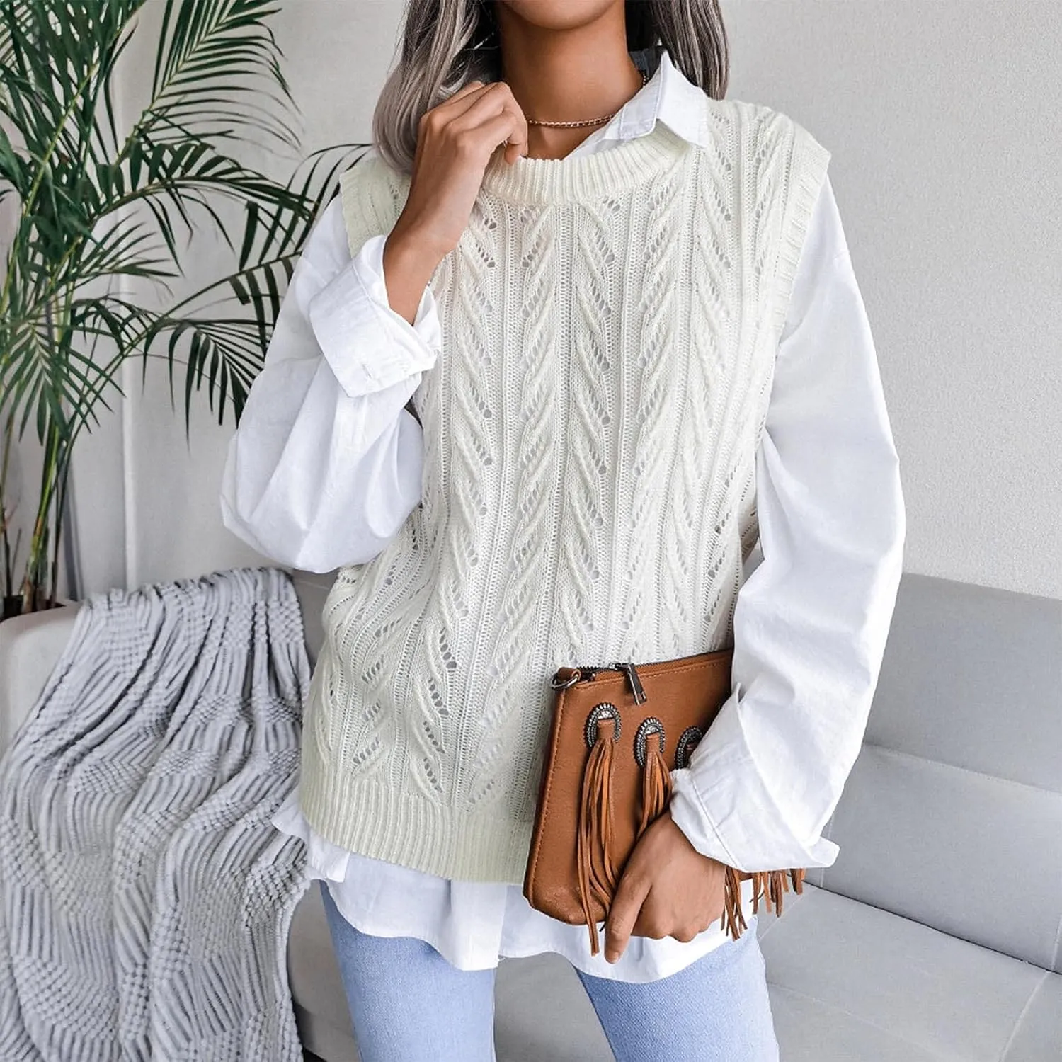 Women Cable Knit Sweater Vests Sleeveless Pullover Jumper Solid Crewneck Trendy Sweaters Slim Preppy Clothing