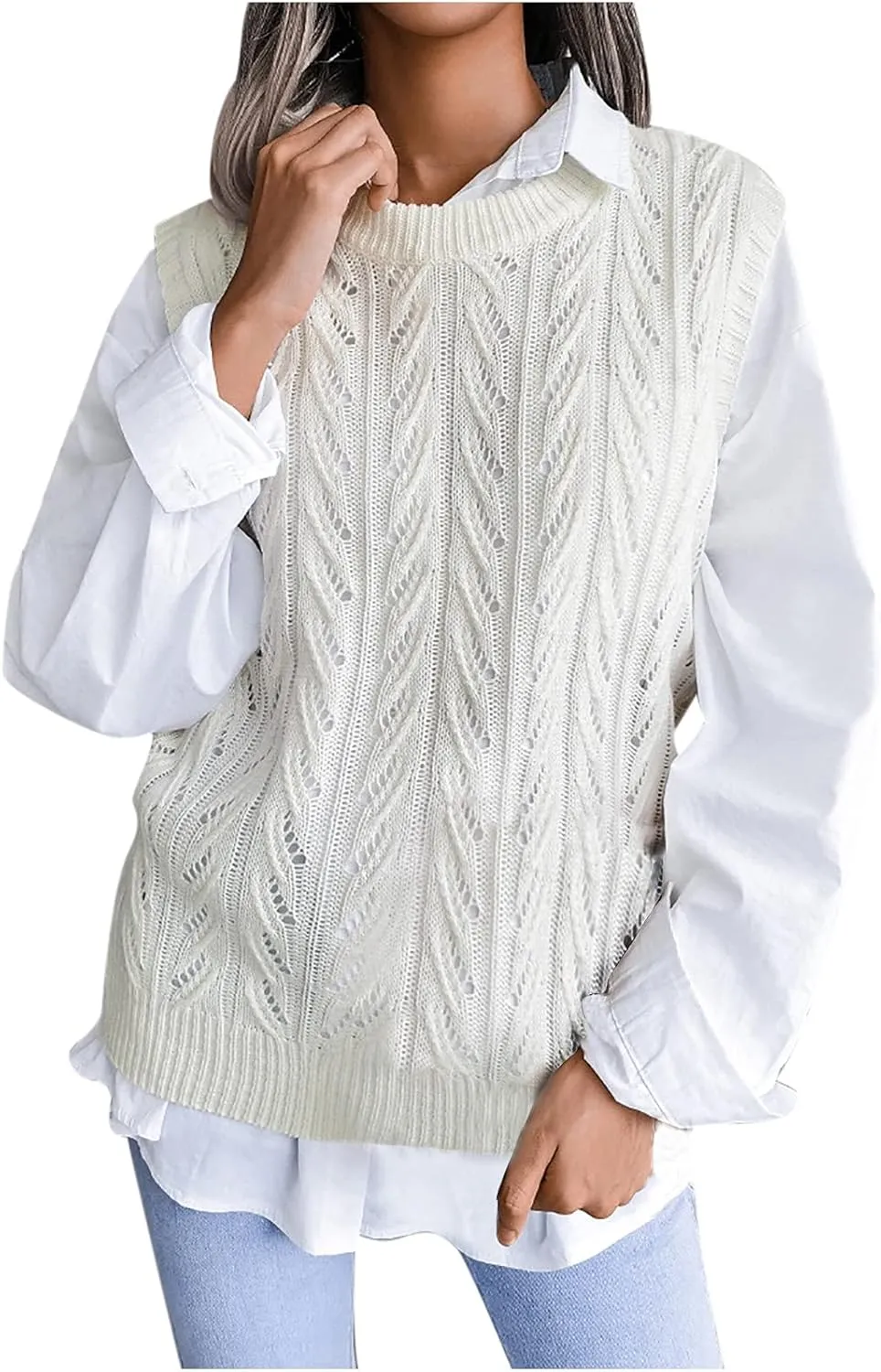 Women Cable Knit Sweater Vests Sleeveless Pullover Jumper Solid Crewneck Trendy Sweaters Slim Preppy Clothing