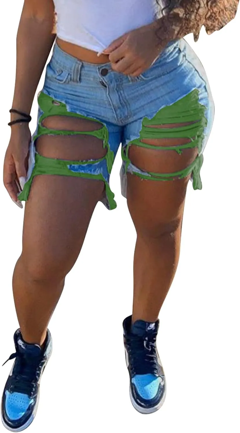 Women Sexy High Waisted Ripped Jean Shorts Distressed Cut Out Straight Leg Frayed Hem Summer Shorts Denim Pants