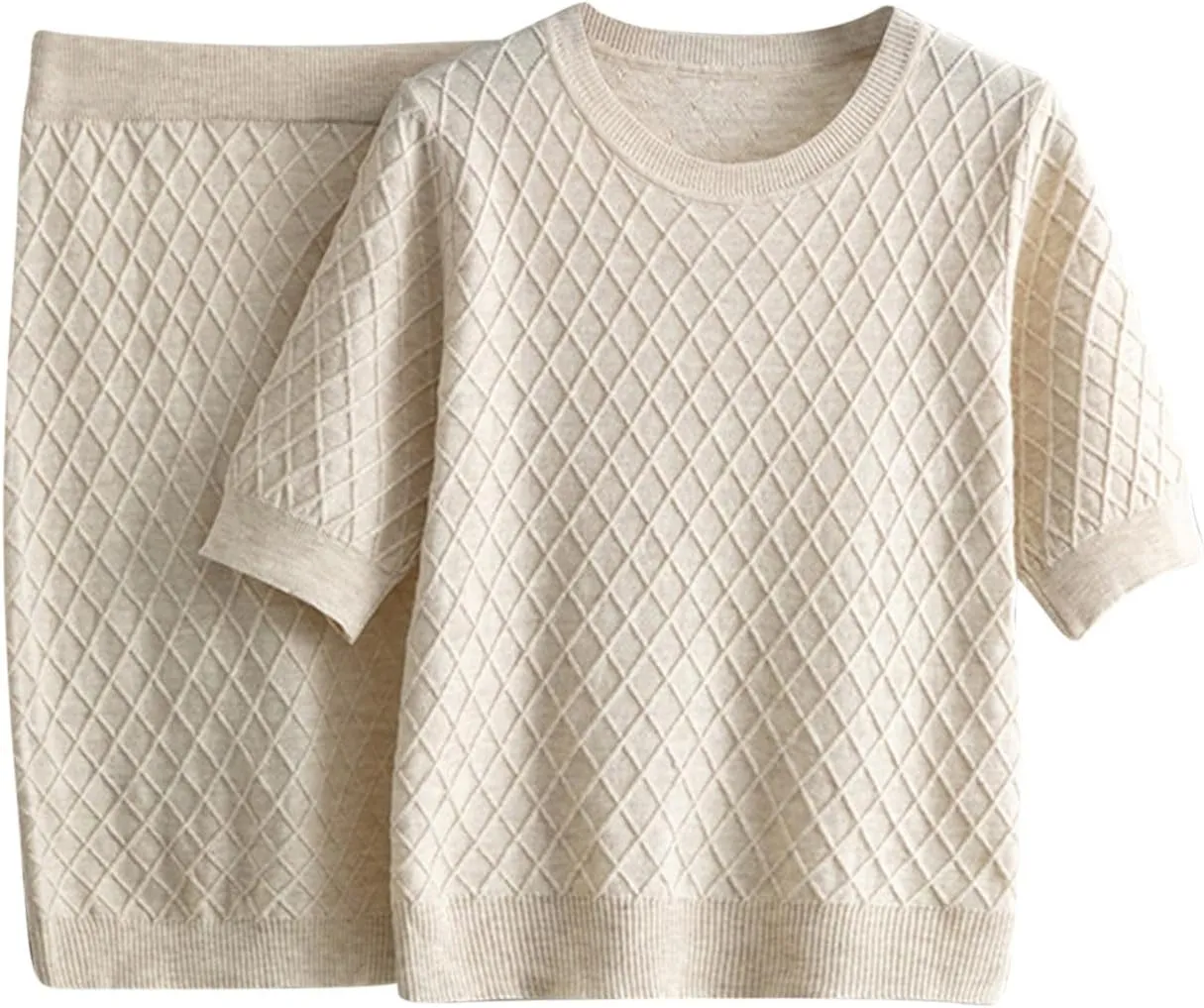 Womens 2 Piece Sweater Set Casual Cable Knit Short Sleeve Top Knee Length Skirt Loose Pullover Spring Fall Outfit