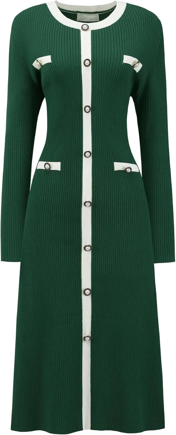 Women's Midi Dress Knit Long Sleeve Sweater Dresses
