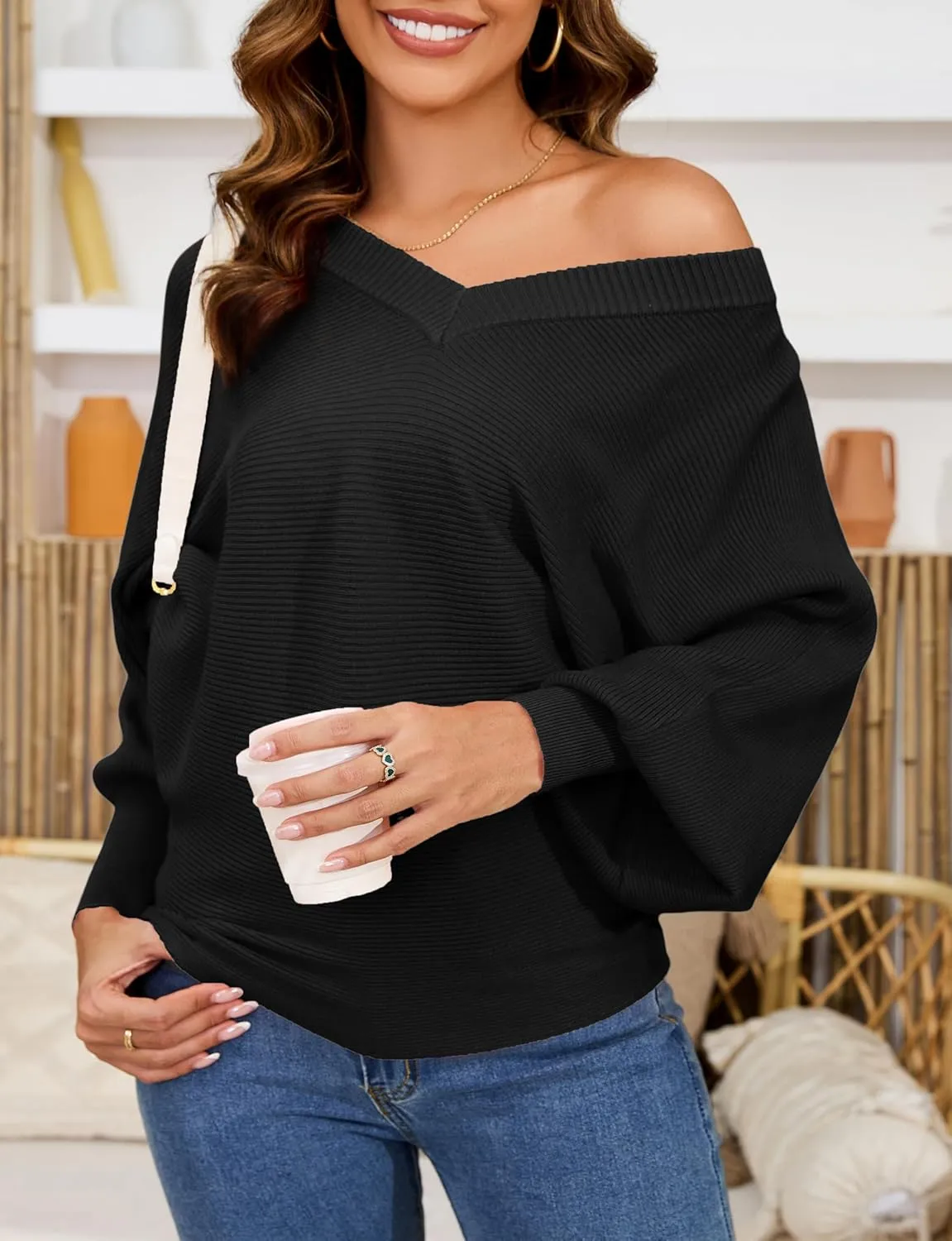 Women's Oversized V Neck Fuzzy Sweaters 2025 Casual Loose Long Sleeve Chunky Knit Pullover Jumper Tops