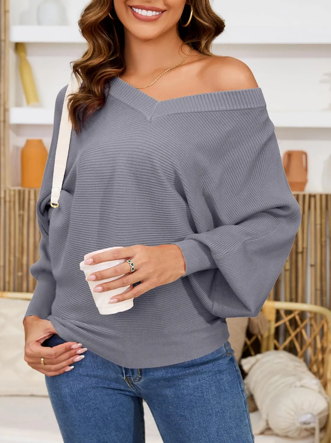 Women's Oversized V Neck Fuzzy Sweaters 2025 Casual Loose Long Sleeve Chunky Knit Pullover Jumper Tops