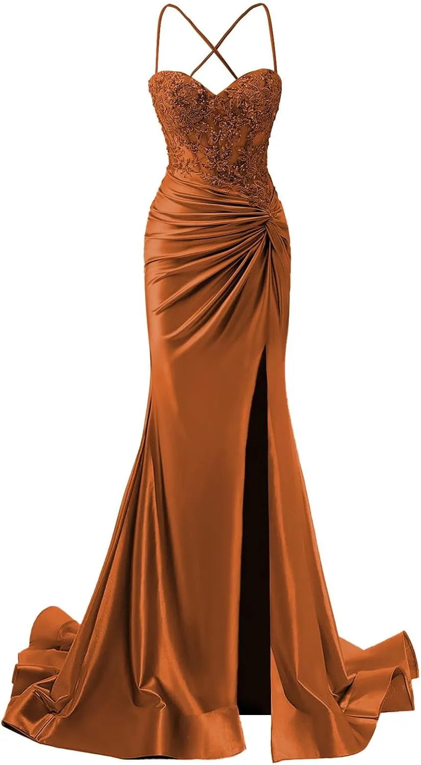 Women's Satin Prom Dresses Long Spaghetti Strap Lace Applique Mermaid Corset Formal Evening Gowns with Slit