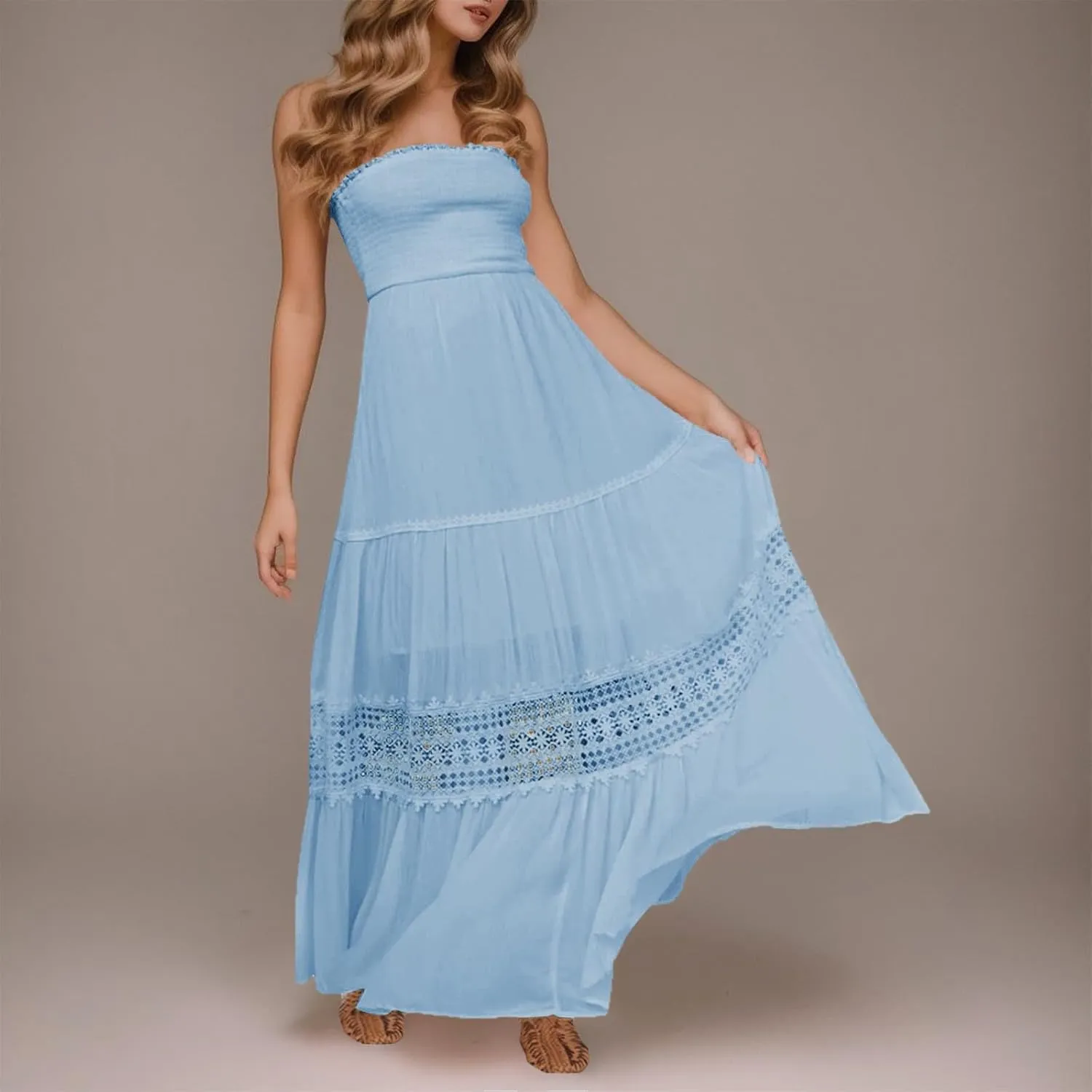Women's Summer Solid Lace Trim Maxi Dress Sleeveless Smocked Ruffle Long Flowy Beach Vacation Boho Sundresses