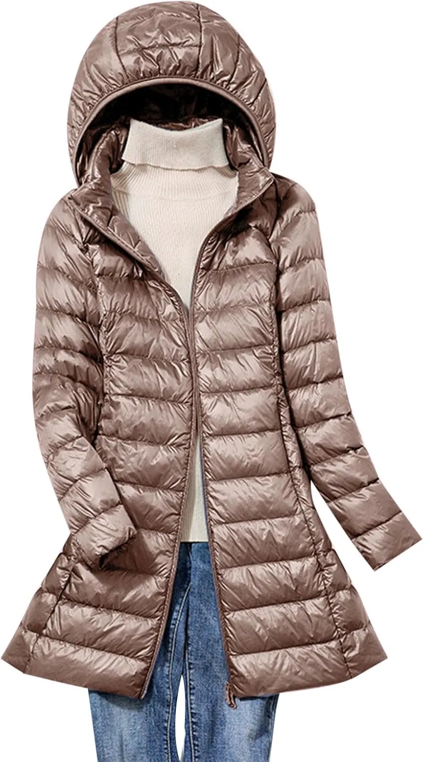 Womens Winter Coats Women's Warm Winter Coats Packable Solid Hooded Zipper Down Jacket Insulated Lightweight Mid Length Puffer Coat Girls Leather Jacket Khaki