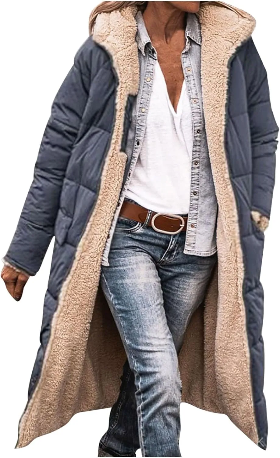 XUNRYAN Womens Winter Sherpa Puffer Jackets Zip Up Long Parka Quilted Lightweight Down Coat Fleece Lined Outdoor Anorak Hood